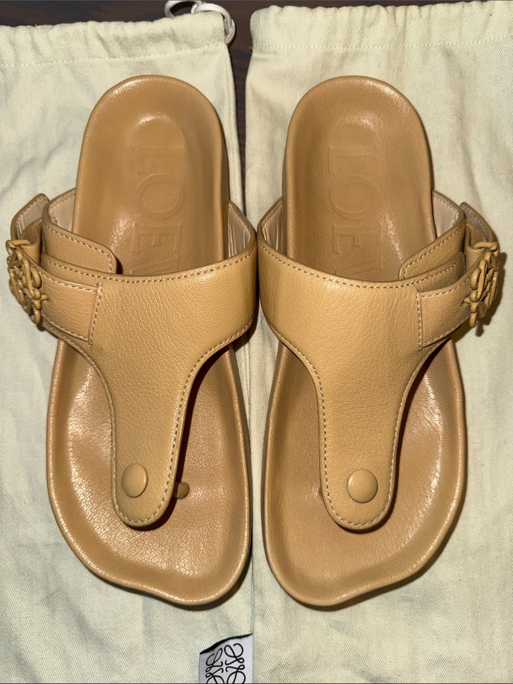 Loewe Tan Leather Thong Ease Sandals with Logo Accent